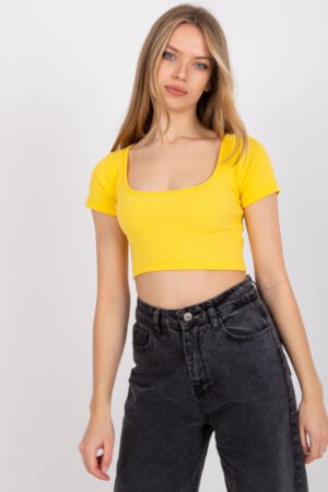 Żółta Koszulka Crop Top z Okrągłym Dekoltem