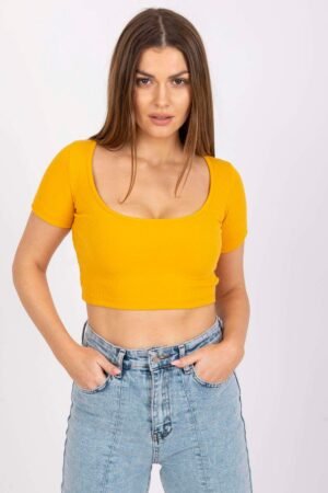 Pomarańczowy Koszulka Crop Top z Głębokim Dekoltem